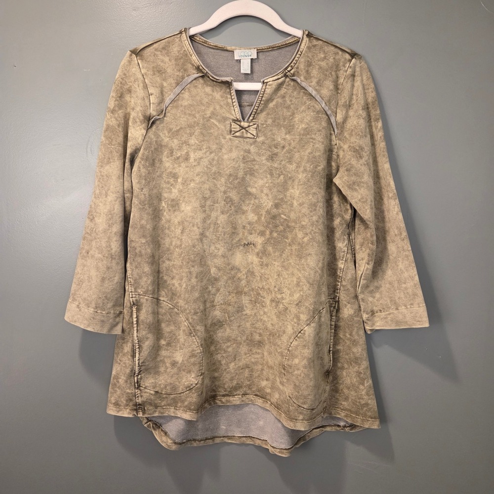 LOGO Lounge 3/4 Sleeve Sun Faded French Terry Split Neck Tunic Top Women's S